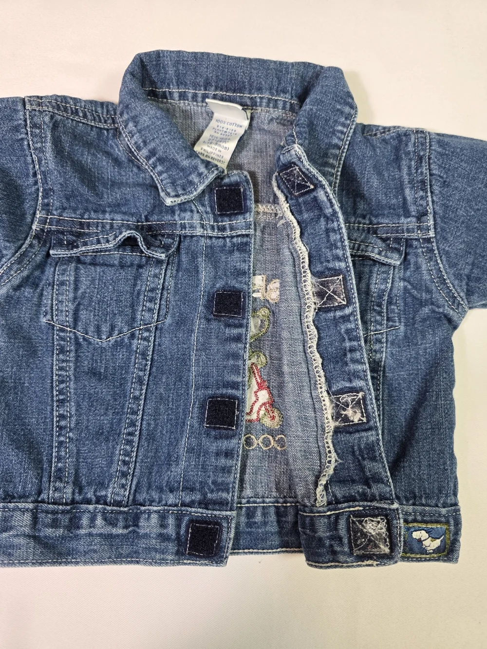 Vintage OshKosh B’gosh Baby Denim Jacket Scooter Dog 6-9M Blue USA